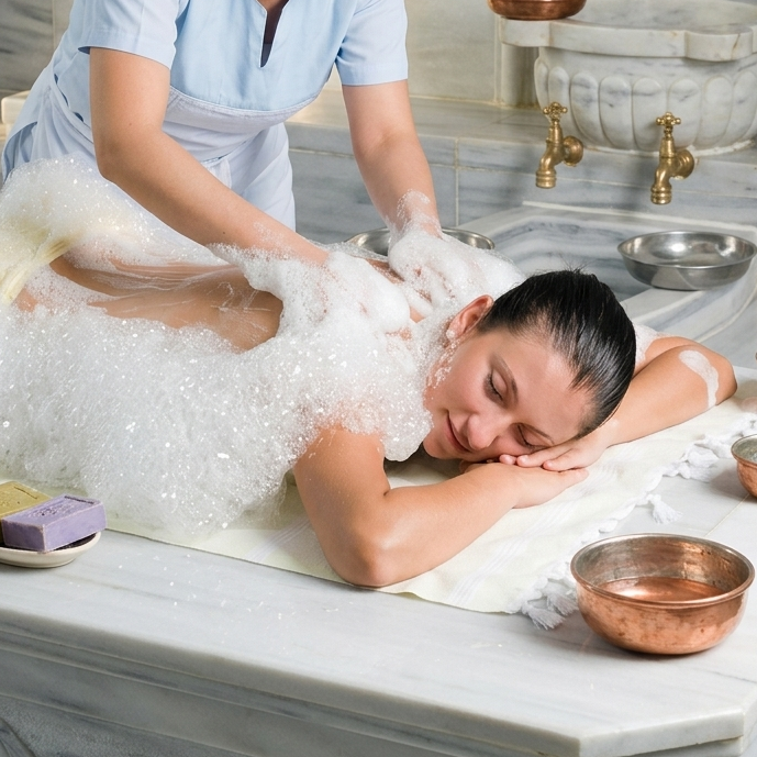 Foam (kese) massage during a Turkish bath at Erma Spa